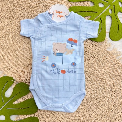 Kit 3 Peças - Bodys Manga Curta Ursos Maçãs Orgânicas - Azul Bebê, Off White e Areia